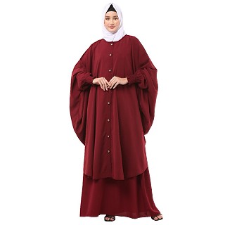 Maroon Co-Ord set- Loose fit front open Top with sleeveless inner abaya 