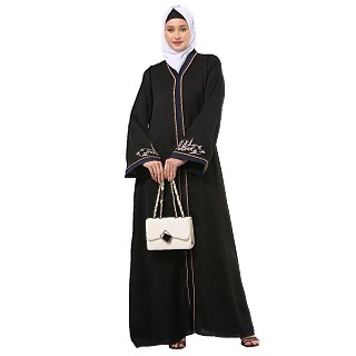 Front open embroidery abaya in Dubai Nida- Black