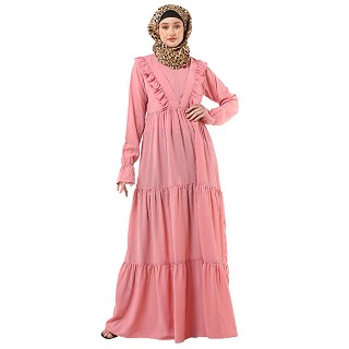 Designer 3 frilled maxi abaya- Baby Pink