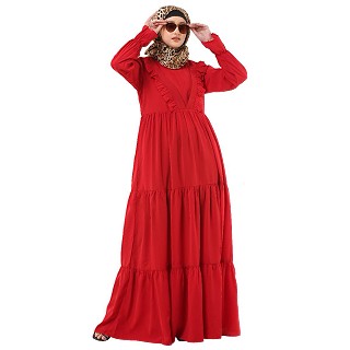 Designer 3 frilled maxi abaya- Red