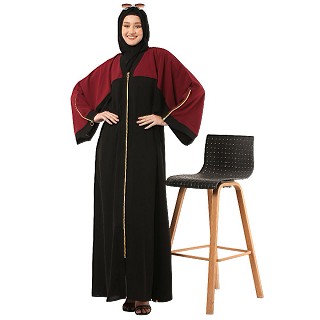 Loose Fit front open Dual color abaya- Black-Maroon