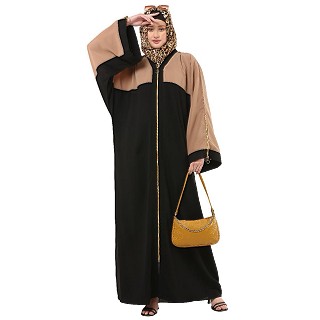 Loose Fit front open Dual color abaya- Black-Skin