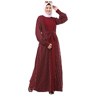 Cardigan abaya set- Maroon stripped Shrug with sleeveless inner abaya