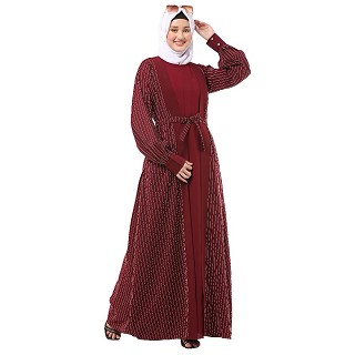 Cardigan abaya set- Maroon stripped Shrug with sleeveless inner abaya