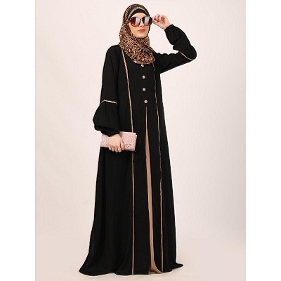 Designer dual color abaya with fashionable buttons-Black