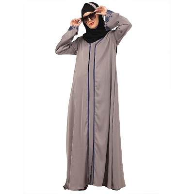 Front Open embroidery abaya in Tik Tok Luxury fabric-Light Grey