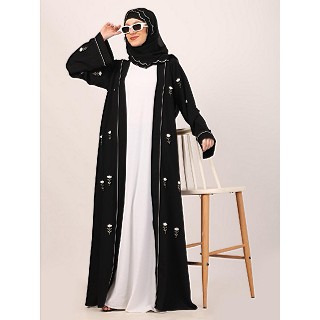 Layered abaya with embroidery work-Black-White