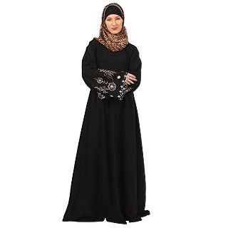 Umbrella abaya with embroidery work on sleeves-Black
