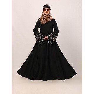 Umbrella abaya with embroidery work on sleeves-Black