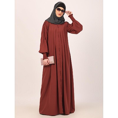 Zipper Front open pleated abaya with puff sleeves- Rust
