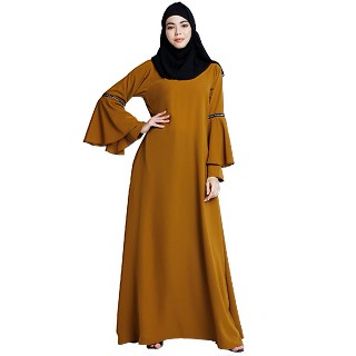 Bell sleeves abaya with stone sequins work- Mustard brown