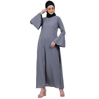 Casual A-line abaya with bell sleeves- Grey