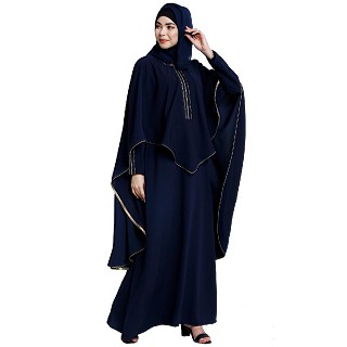 Cape abaya with stone lacework- Navy Blue