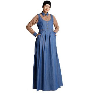 Classic Denim maxi dress with shirt collar- Khaki-Blue