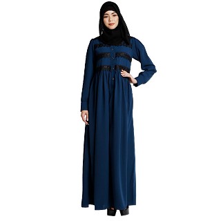 Casual collared abaya with lacework- Teal