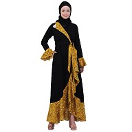 Designer abaya with printed frills- Black-Mustard