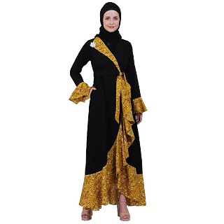 Designer abaya with printed frills- Black-Mustard