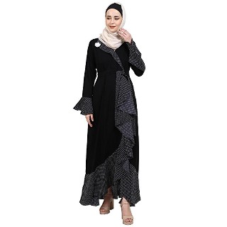 Designer abaya with polka dotted frills- Black