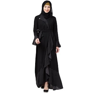 Designer black polka dotted frilled abaya