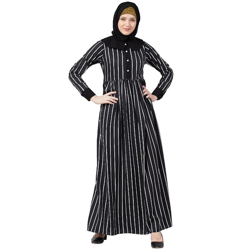 Abaya online- Black and White striped abaya with baby collar