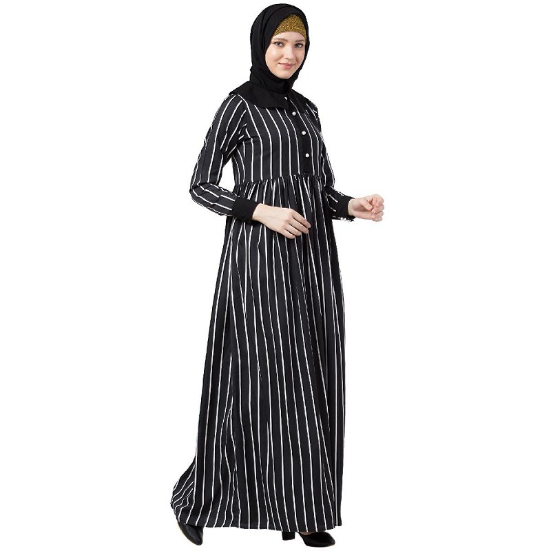 Abaya online- Black and White striped abaya with baby collar