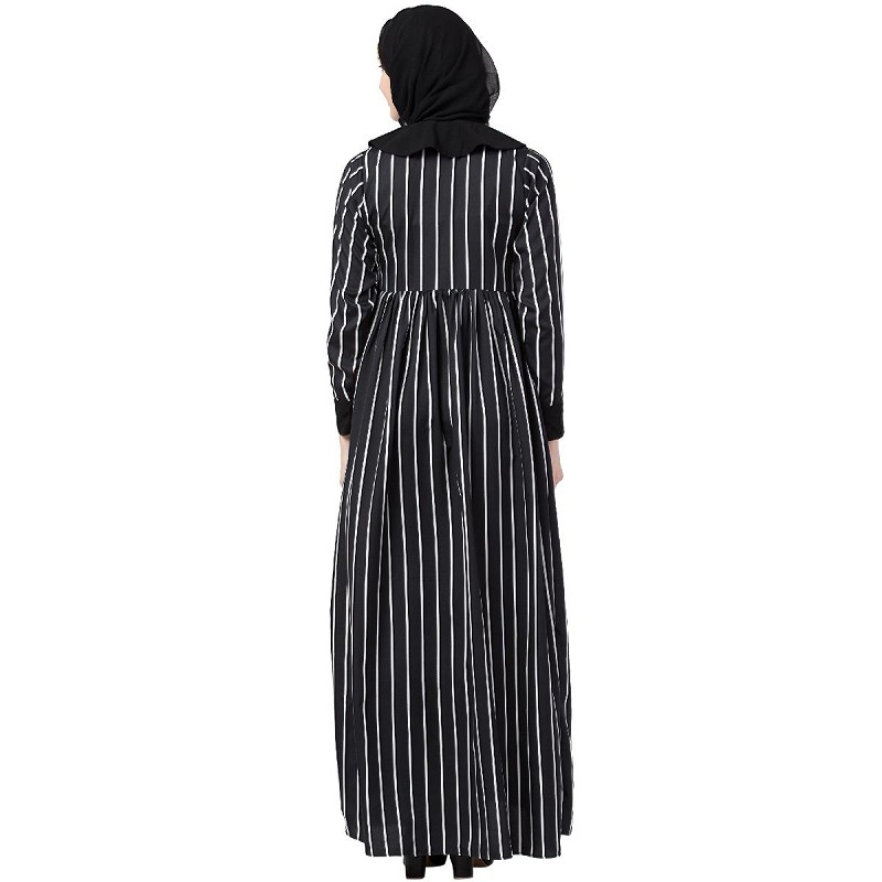 Abaya online- Black and White striped abaya with baby collar