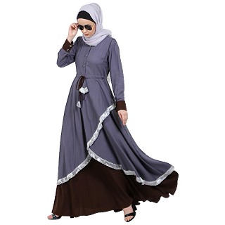 Dual colored designer abaya- Grey-Coffee