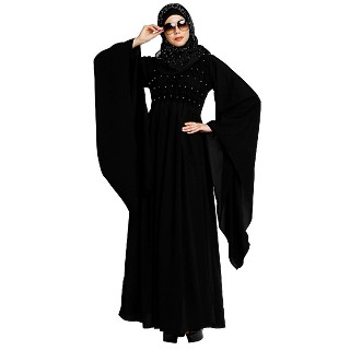 Full flair sleeves abaya with moti work - Black