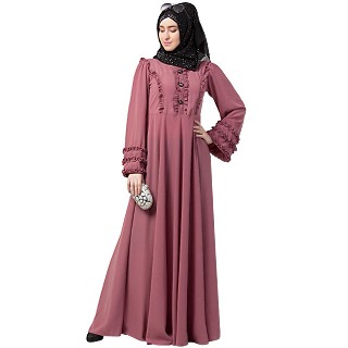 Designer Umbrella abaya with frill work- Puce Pink