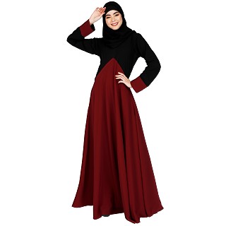 Dual color umbrella abaya-Maroon-Black 