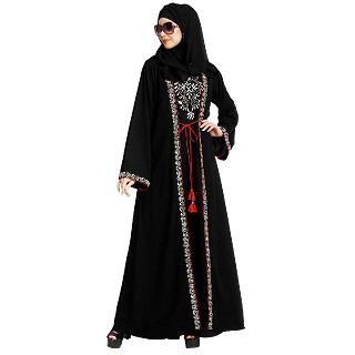 Layered abaya with embroidery work-Black