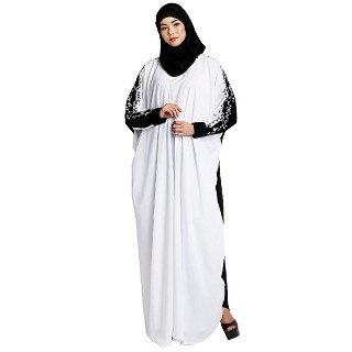 Layered abaya with embroidery work-White-Black