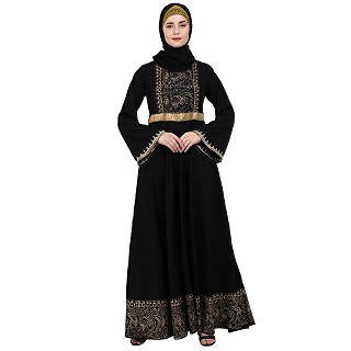 Designer Block printed Umbrella abaya- Black