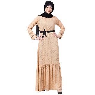 Polka dotted frilled abaya- Beige