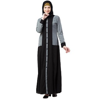 Dual colored front open abaya- Black-Grey