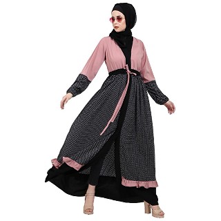 Classic front open abaya with polka dot- Pink-Black