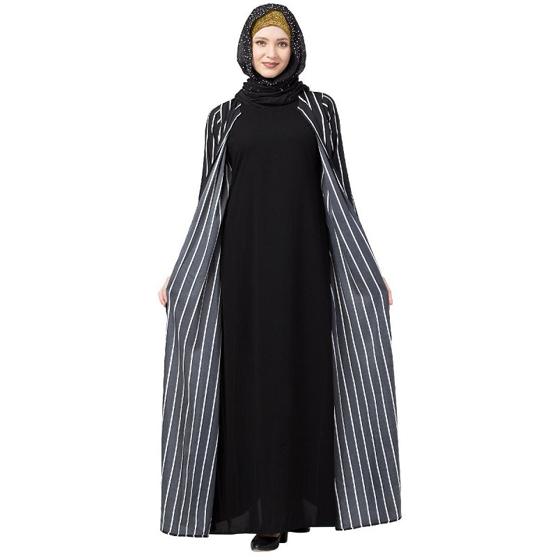 Abaya online- Double layered Black and White striped abaya