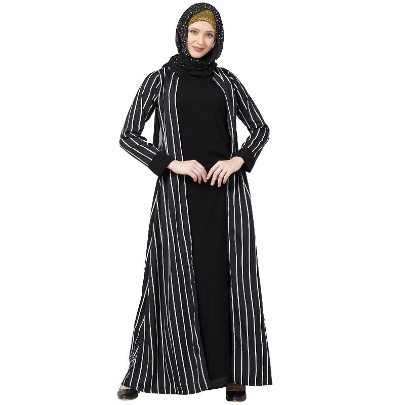 Abaya online- Double layered Black and White striped abaya