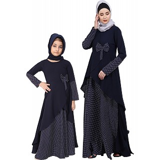 Polka dotted asymmetrical matching combo dress for mother and daughter- Navy-blue