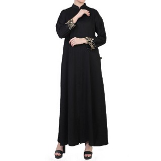 Designer Front open abaya with handwork- Black-Gold