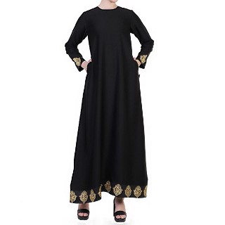 A-line Nida abaya with Golden lacework- Black