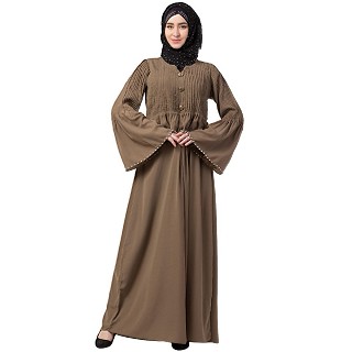 Designer Pintuck abaya with pearl work- Beige