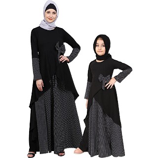 Polka dotted asymmetrical matching combo dress for mother and daughter- black