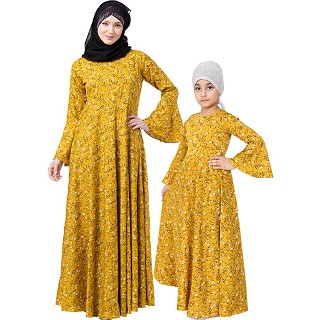 Matching Umbrella dress combo abaya for mother and daughter- Mustard printed