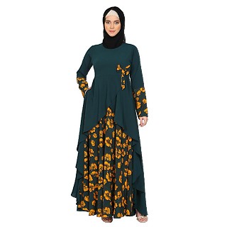 Printed asymmetrical dress abaya- Green-Black