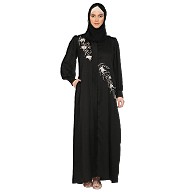 Front Open cuff sleeves Embroidery Abaya-Black