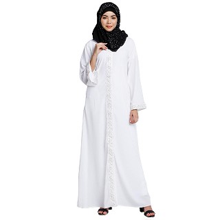 Front open abaya with Pearl work- White