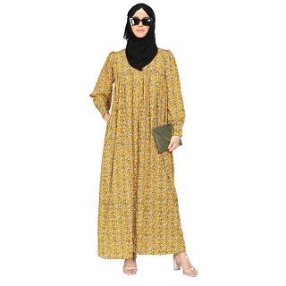 Front Open Mustard floral Print Abaya 