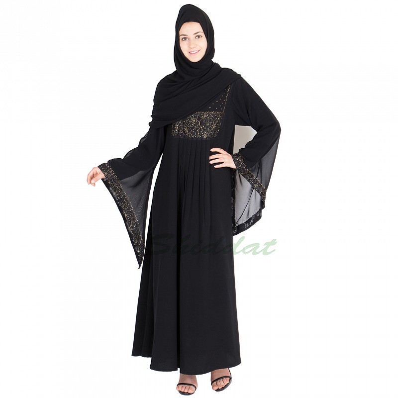 Abaya online- Buy pleated abaya with golden embroidery and 