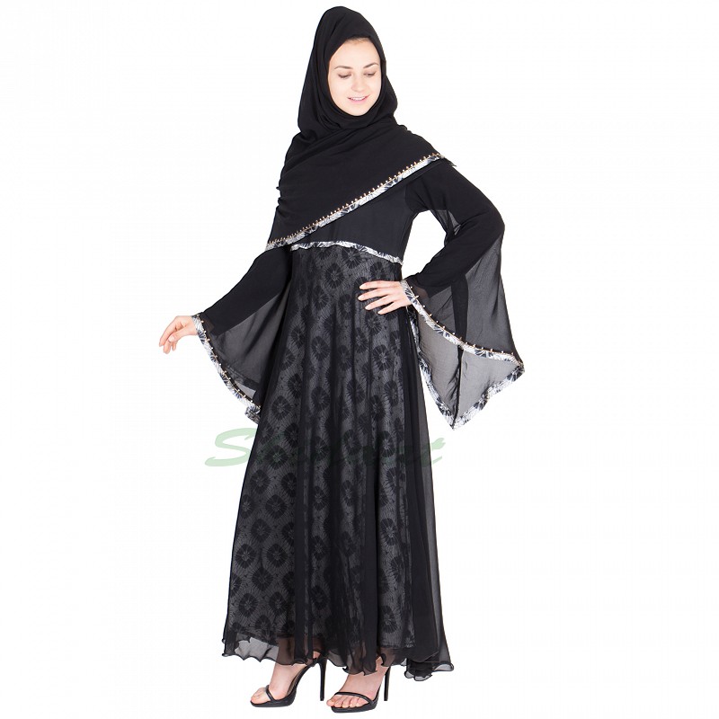 Abaya online- Printed satin inner and black chiffon outer 